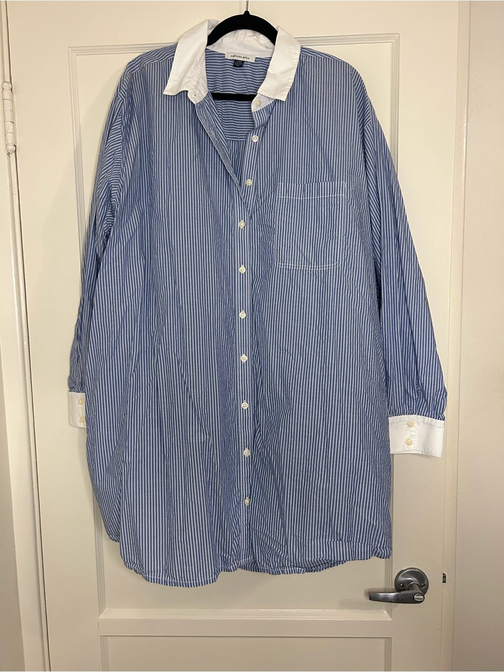 American Eagle Outfitters Blue Pinstripe Shirt with White Collar